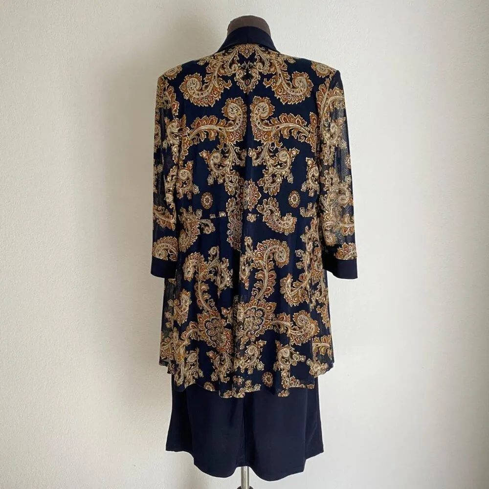 R&M Richards sz 10P paisley print navy metallic gold dress and jacket‎ - Image 13
