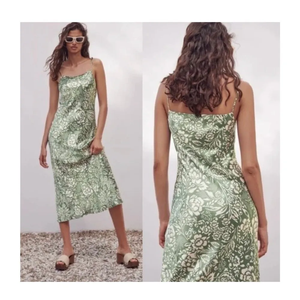 Zara Green Printed Slip Midi Dress Small Satin Tropical Floral Sleeveless - Image 16