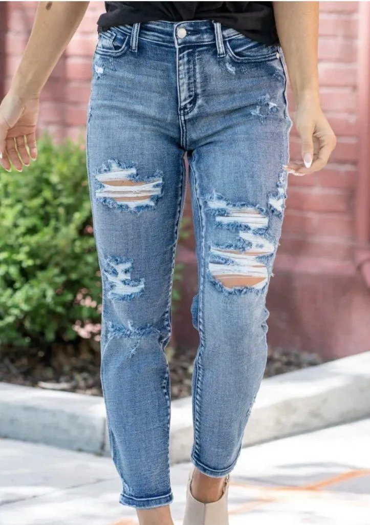JUDY BLUE High Waist Distressed Destroyed Boyfriend Fit Blue Jeans - Image 1