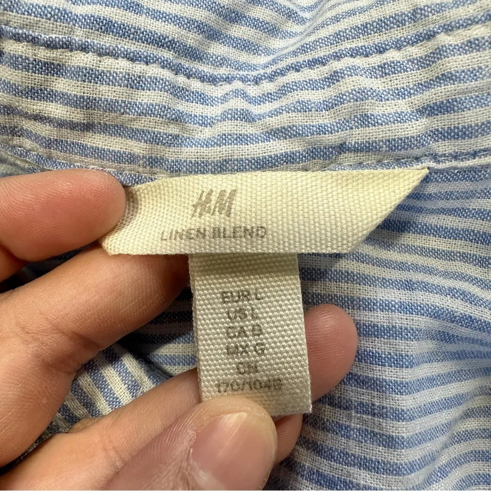 H&M Women’s Linen Cotton Longsleeve Top V-Neck in Light Blue Striped Coastal L - Image 11