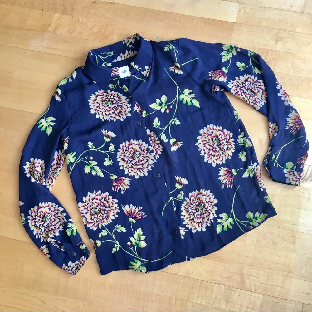 Cabi Floral, Semi-Sheer Blouse, Navy Blue, Peach Orange, Green, Size S - Image 2