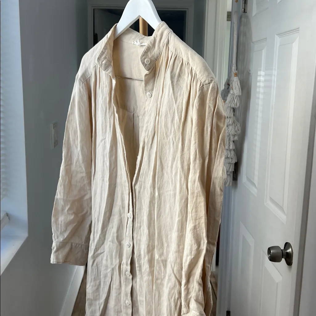 Emerson Fry Midi 100% Linen Shirtdress Button Down in Beige Almond XS $248 Tan - Image 6