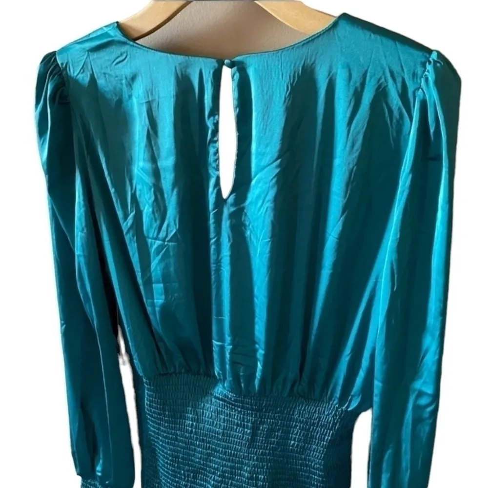Lulus Jaw-Dropping Beauty Teal Blue Satin Smocked Bodycon Mini Dress Size L - Image 5