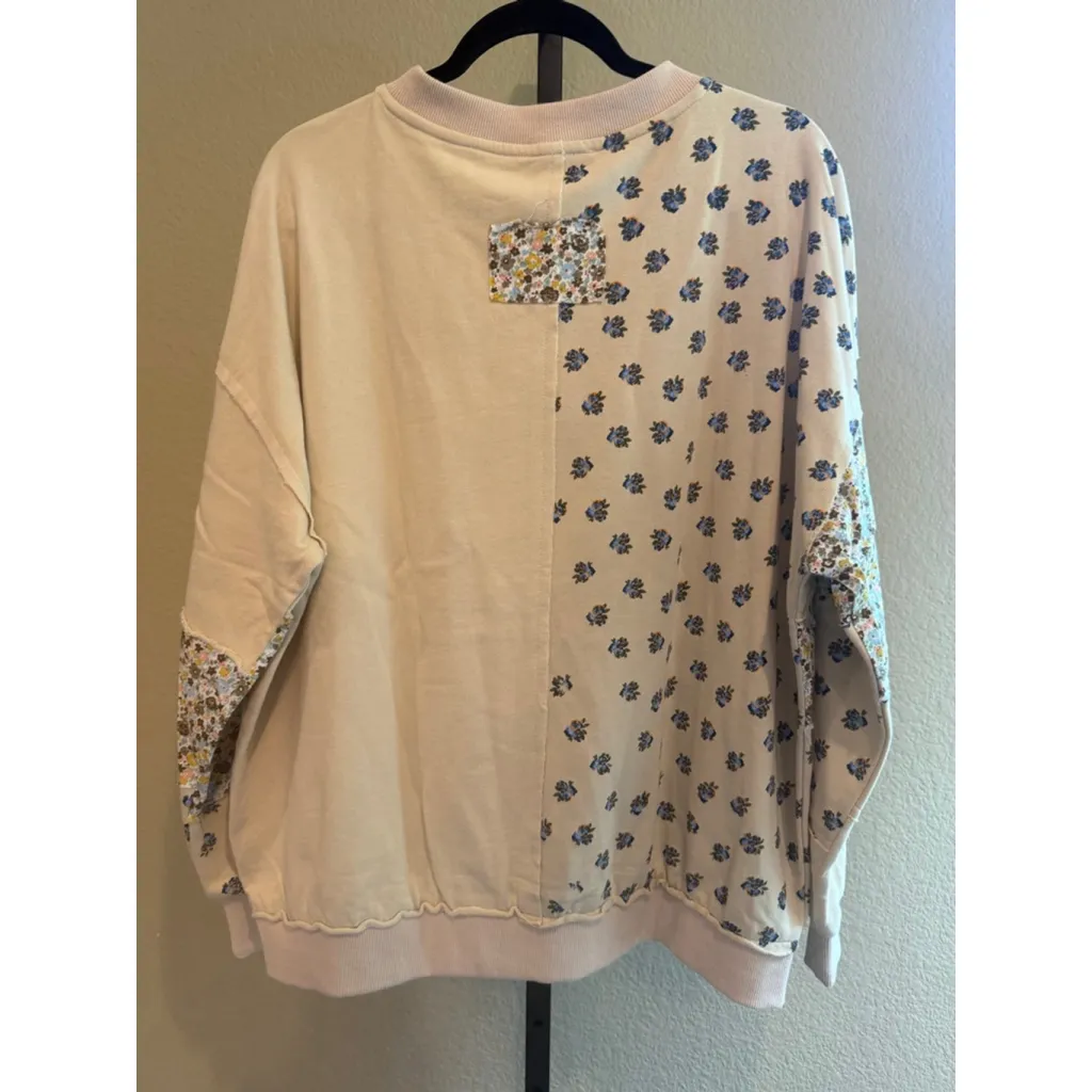Easel Oversized Flower Patchwork Terry Knit Sweatshirt in Beige Size S - Image 4