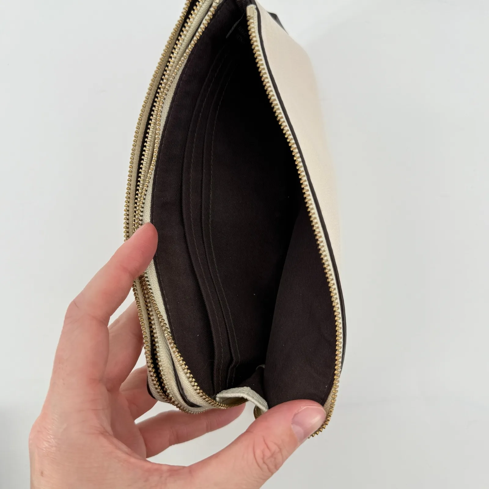 Coach Double Zip Pebble Leather Wristlet Wallet Clutch Cream F54056 Gold Accent - Image 8