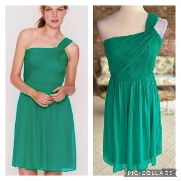 J. Crew Lucienne Dress 2 One Shoulder Green Silk Pleated Cocktail - Image 2