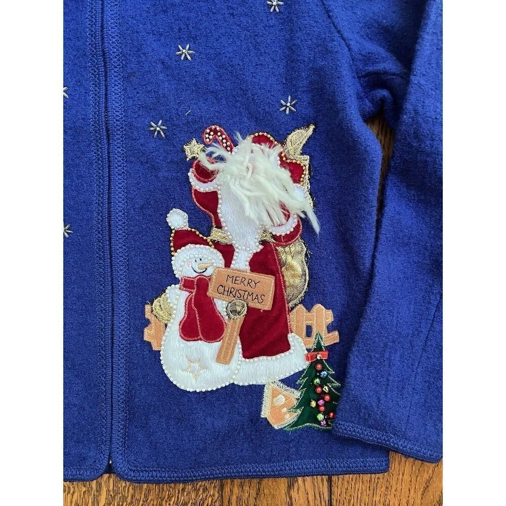 Lisa International Women’s M Blue Boiled Wool Zip Jacket w/ Santa Ugly Sweater Size M - Image 2