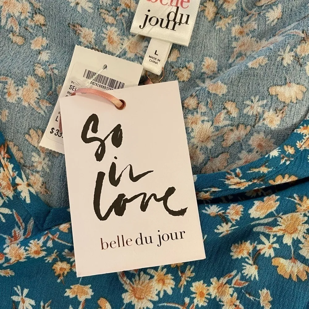 Belle du Jour Algiers blue floral tiered rayon babydoll tunic top Size L NWT - Image 6