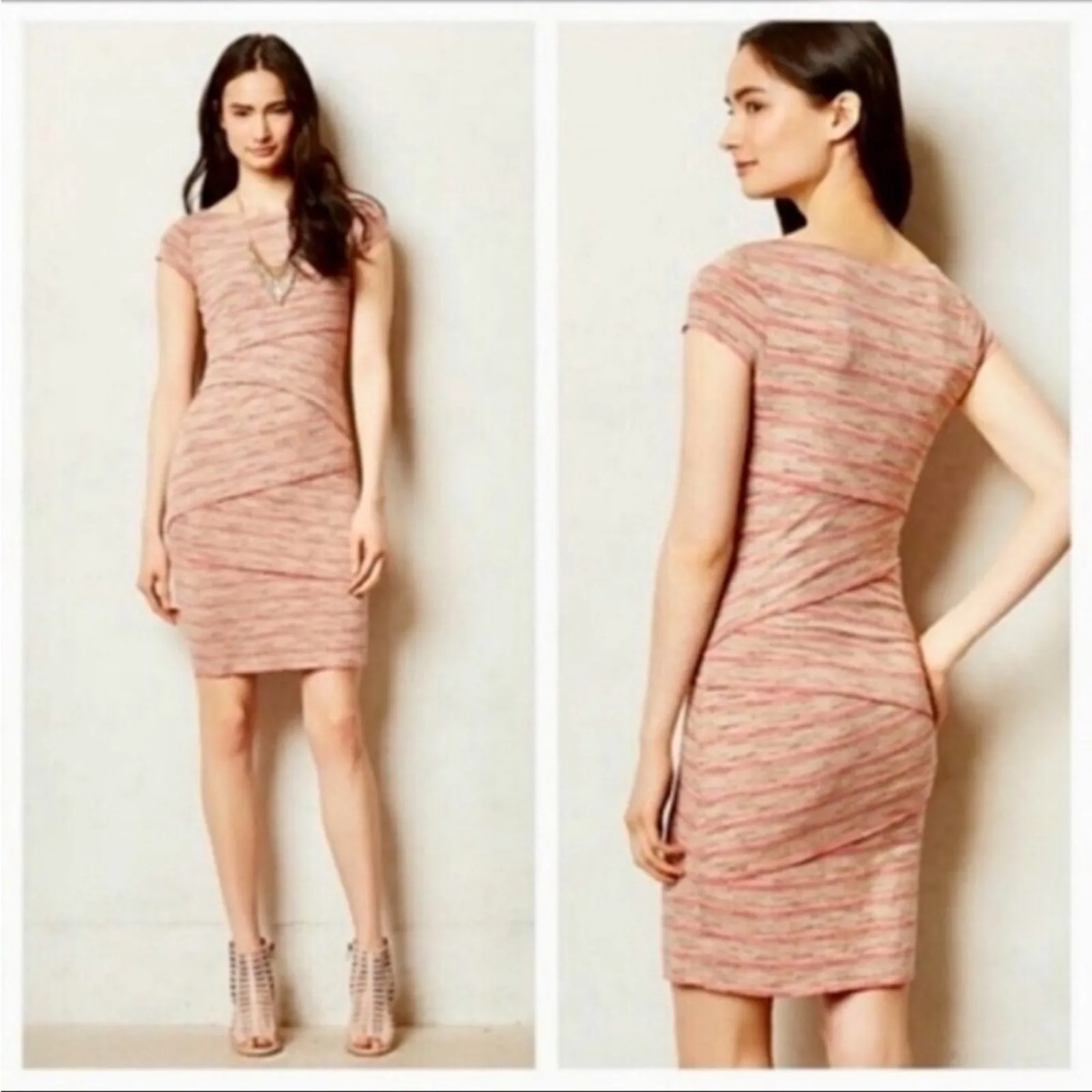 Bailey 44 Tan & Pink Striped Tiered Short Sleeve Bodycon Mini Dress Womens XS - Image 5