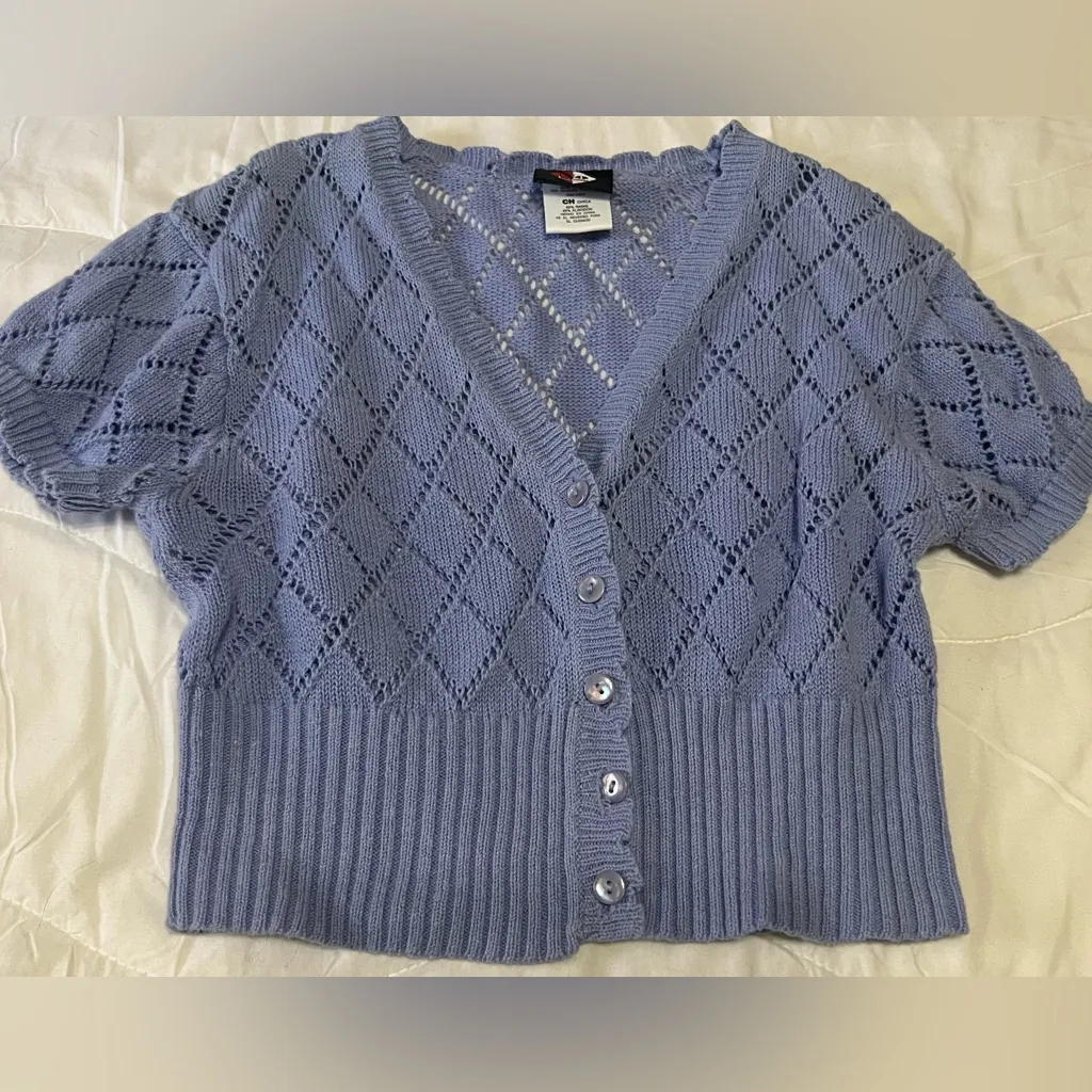 Blue/Lavender Pointelle Knit Short-Sleeve Cardigan – Size Small - Image 4