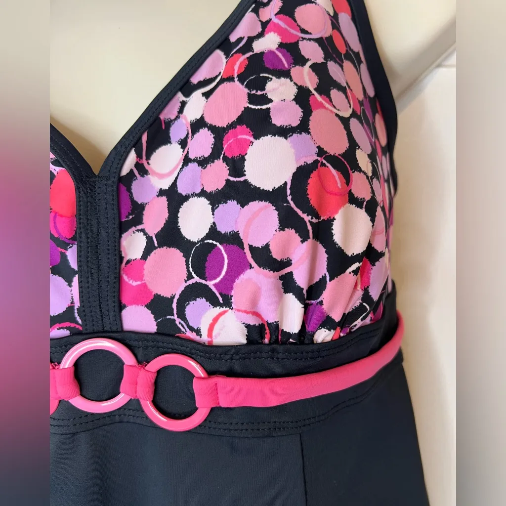 Swim 365 Women's 14W Pink Polka‎ Dot Adjustable Straps Black Skirted Swimdress - Image 5
