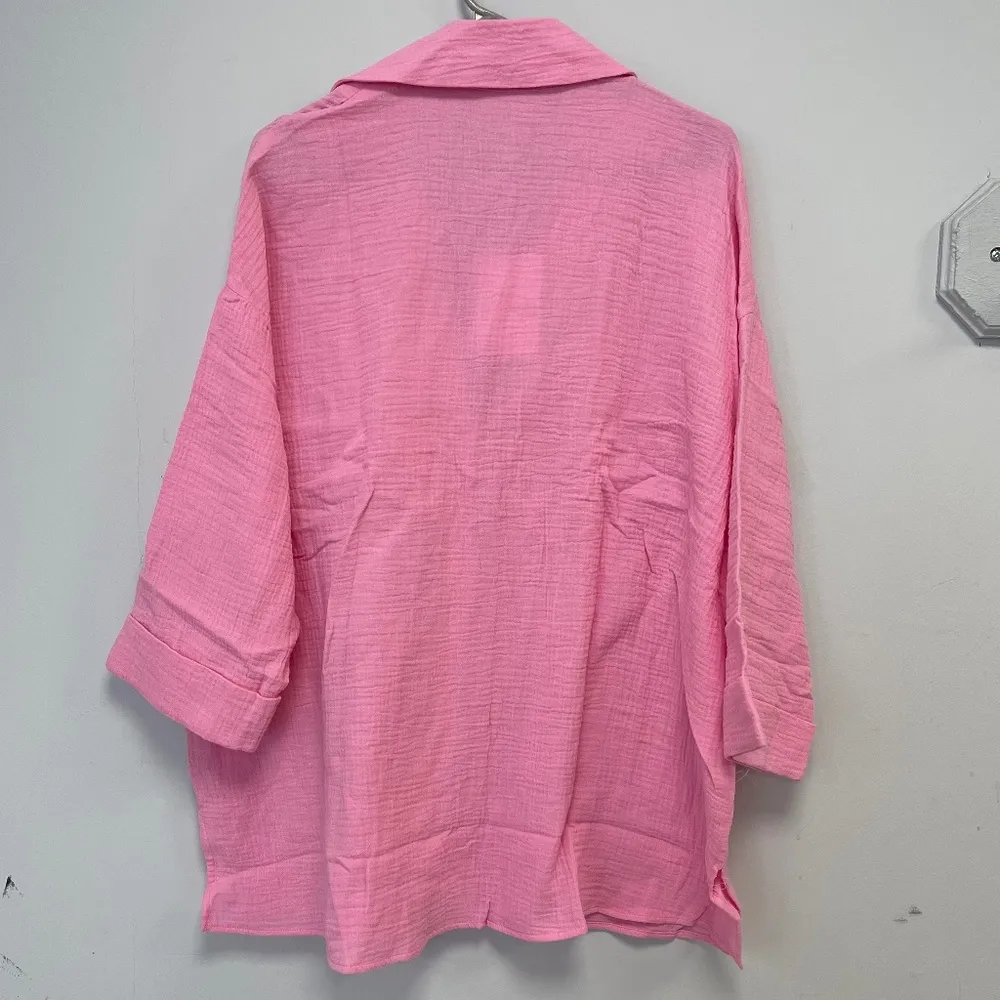 Show Me Your MuMu Pink Weekday Button Up Gauze Blouse - Large - NWT - Image 3