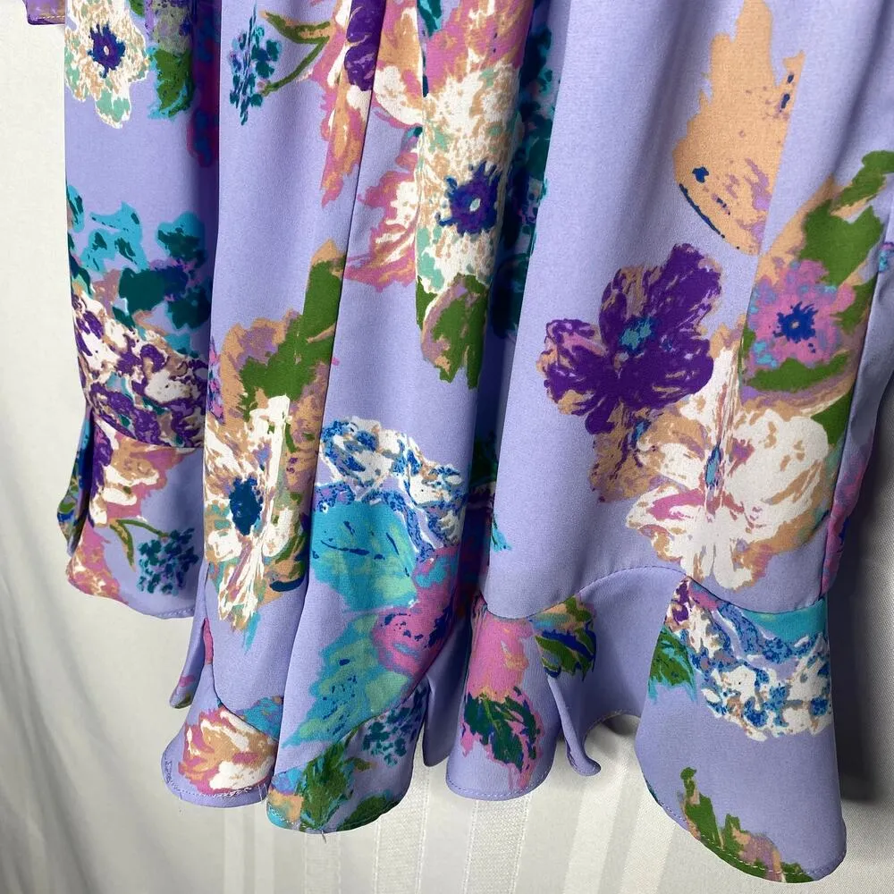 everly Floral Pleated 3/4 Sleeve V-Neck Ruffle Romper Medium Purple Lightweight - Image 8