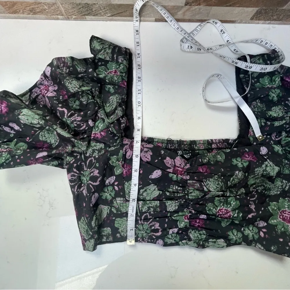 NWT ZARA - crop top floral black purple green 100% cotton Sz L - Image 11
