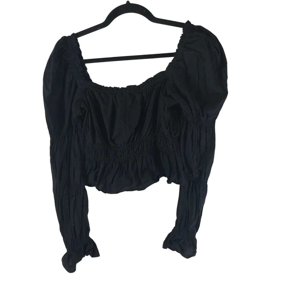 Divided H&M Peasant Blouse Square Neck Long Sleeve Smocked Ruffle Black S - Image 2
