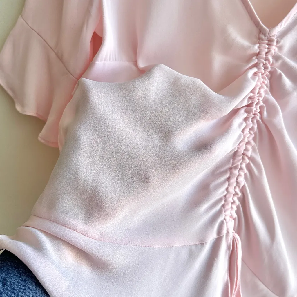Belle Sky Ballerina Pink Ruched V-Neck Blouse, Size Medium - Image 9