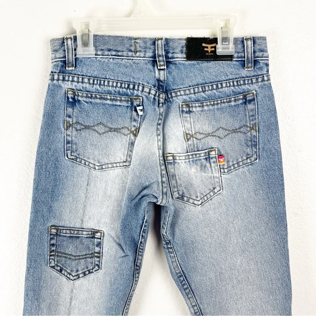 KOSIUKO Light Wash Patchwork Button Fly Flare Legs Distressed Jeans, Size 23 Blue - Image 7