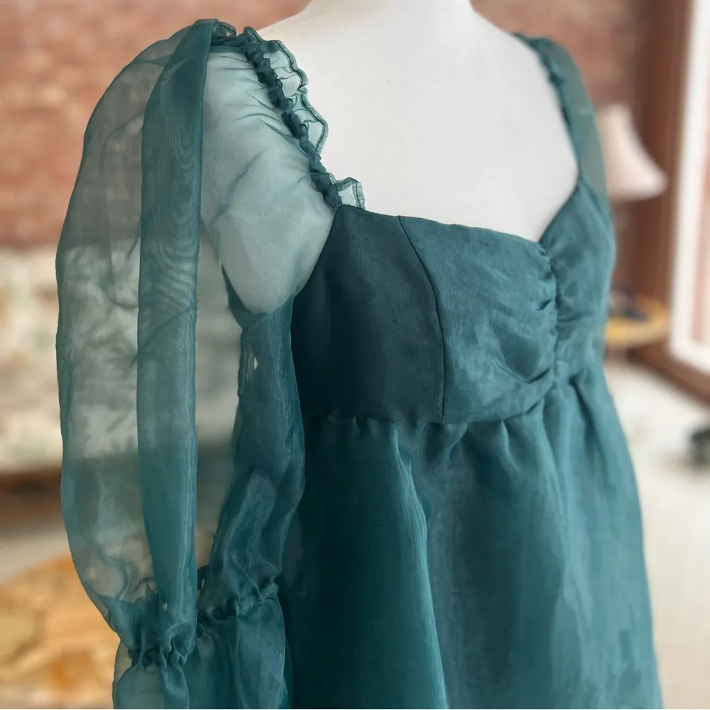 NEW Altar’d State Luretta Dress Teal Green Organza Babydoll Mini M (6/8) Party - Image 14