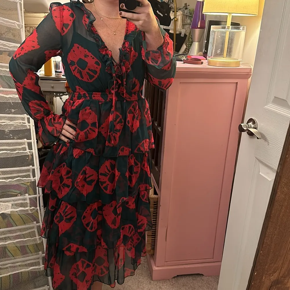 Dark Green & Hot Pink Printed Dresss - Image 6