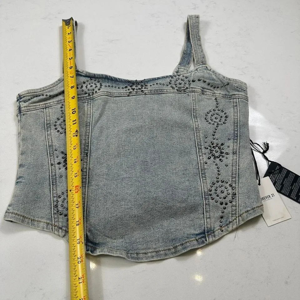 NWT Forever 21 Studded Denim Crop Top Grey Womens M Embellished Camisole Bustie - Image 5