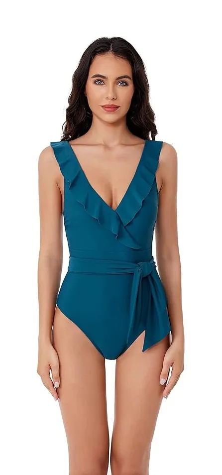 BCA by Rebecca Virtue Kelly Ruffle One Piece Swimsuit, FERN size L NWT - Image 1