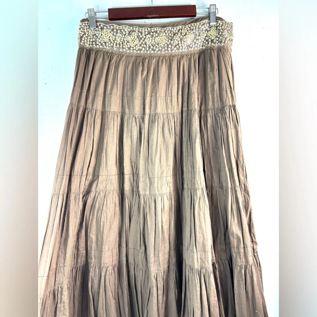 BCBGMaxAzria S Cotton Tiered Brown Embellished Beaded Waist Midi Skirt - Image 7