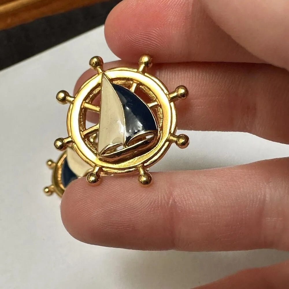 Avon Nautical Clip On Earrings Enamel Sailboat Ship Wheel Gold Tone - Image 3