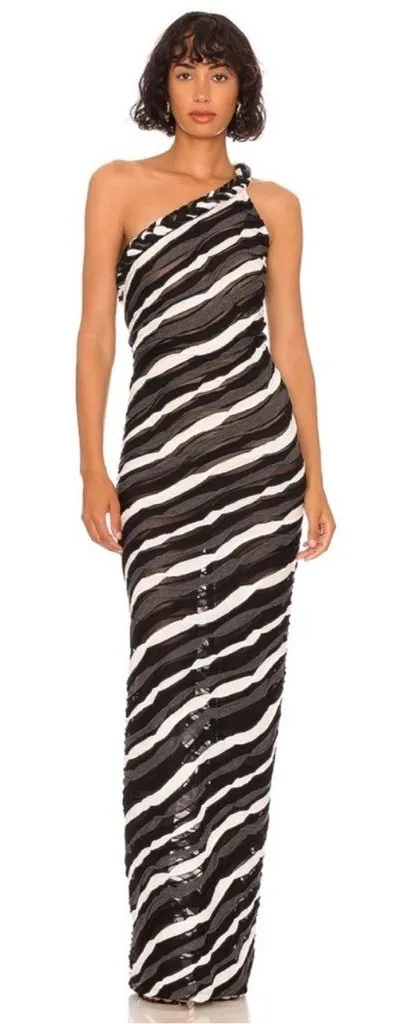 Bronx and Banco x REVOLVE Itza One Shoulder Dress S Black Striped Sheer Braided - Image 1