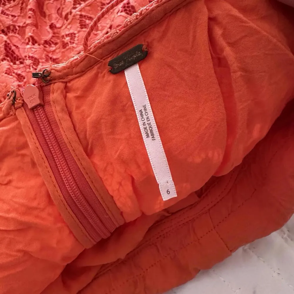Free People Just Like Honey Orange Asymmetrical Lace Short Dress Sz 6 - Image 3