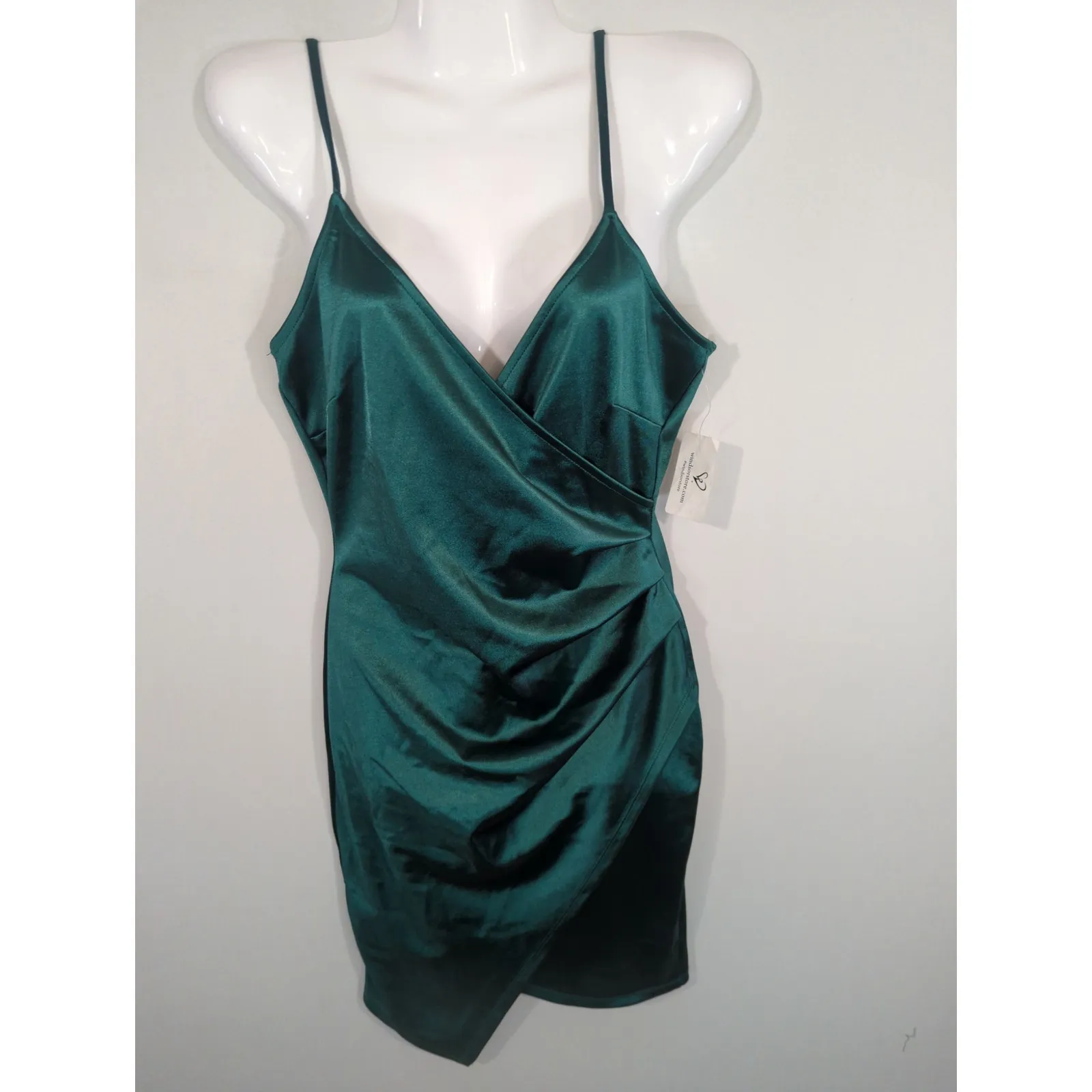 Windsor Hunter Green Satin Bodycon Faux Wrap Mini Dress Medium NWT Party Holiday - Image 2