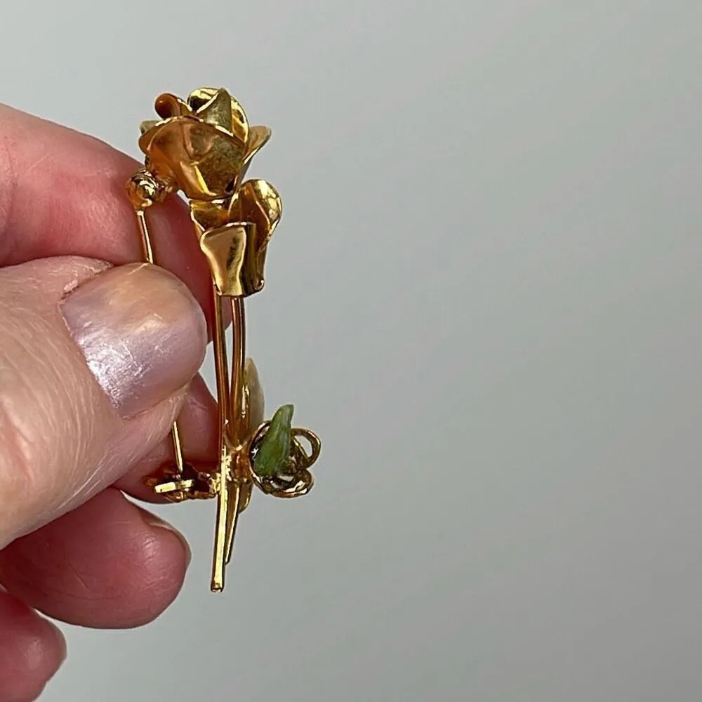 Vintage Jade flower brooch in gold colored metal - Image 4