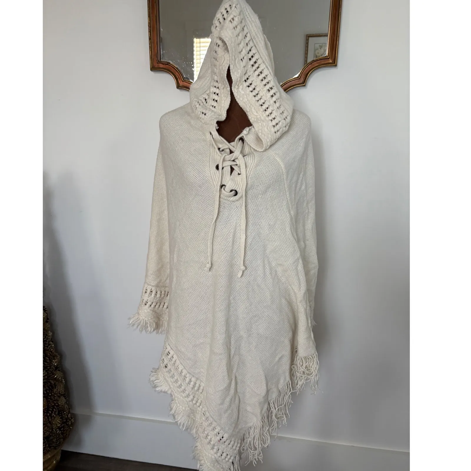 Max Edition Hooded Fringe Knit Poncho Cream Lace Up Boho Chic Cape - Image 2