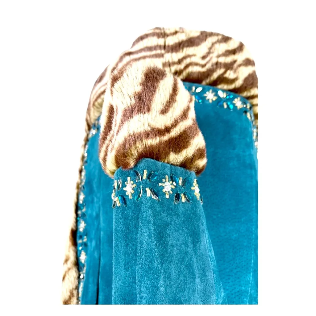 Vintage Margaret Godfrey Y2k Suede Faux Fur Jeweled Penny lane Coat Size Small Blue - Image 6