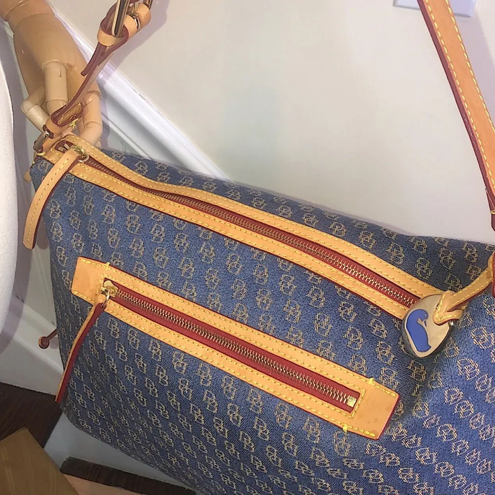 Vintage Dooney and Bourkey Blue Jacquard Monogram Top Zipper Tote Shoulder Bag - Image 3