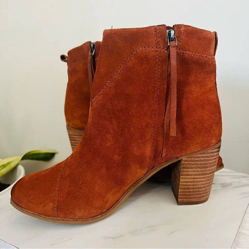 TOMS Lunata Western Boho Tassel Suede Bootie Stacked Block Heel, Brown Size‎ 8.5 - Image 5