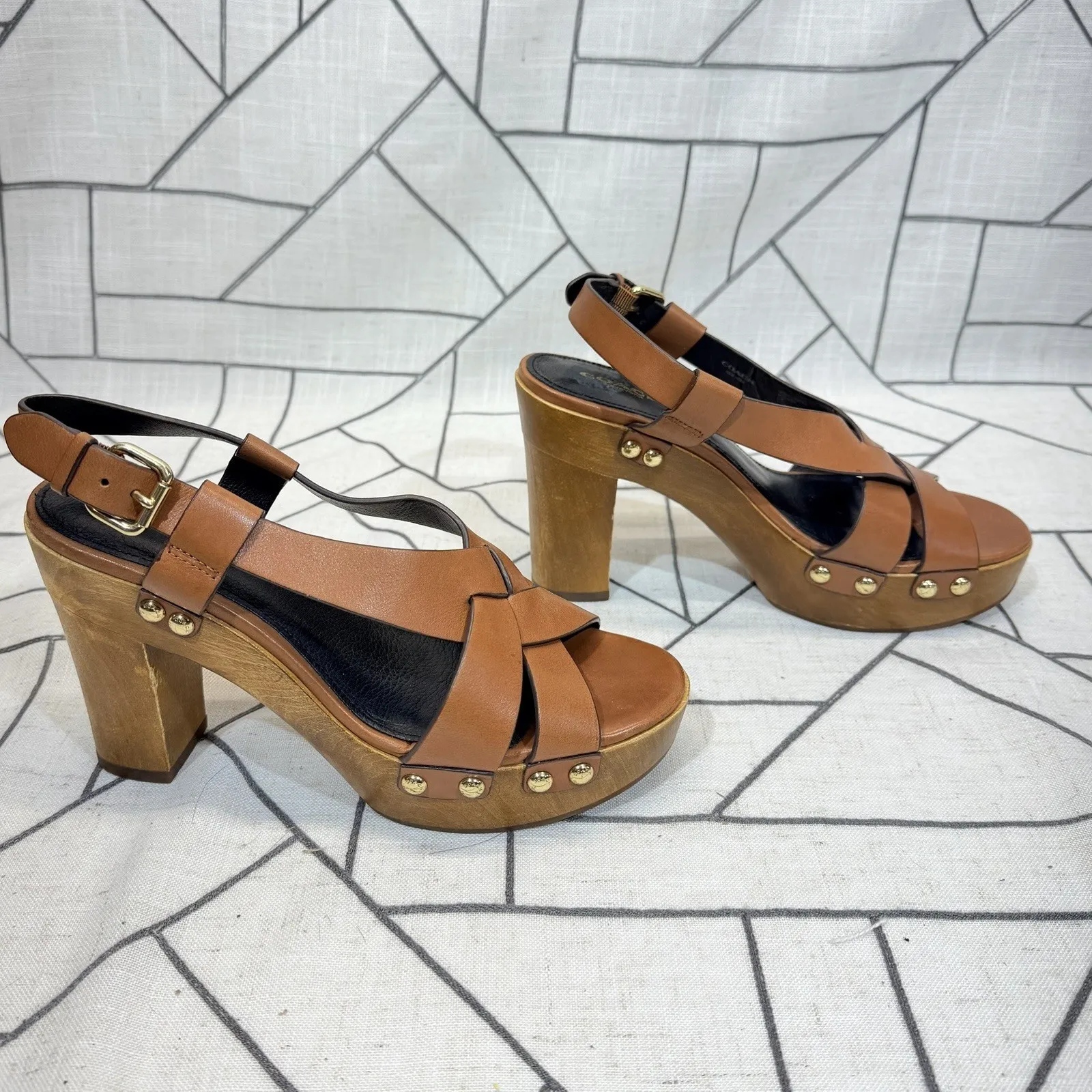 Coach Adessa Sz 7M Womens Studded Wood Clog Sandals Brown Leather 70s 80s Vibe - Image 3