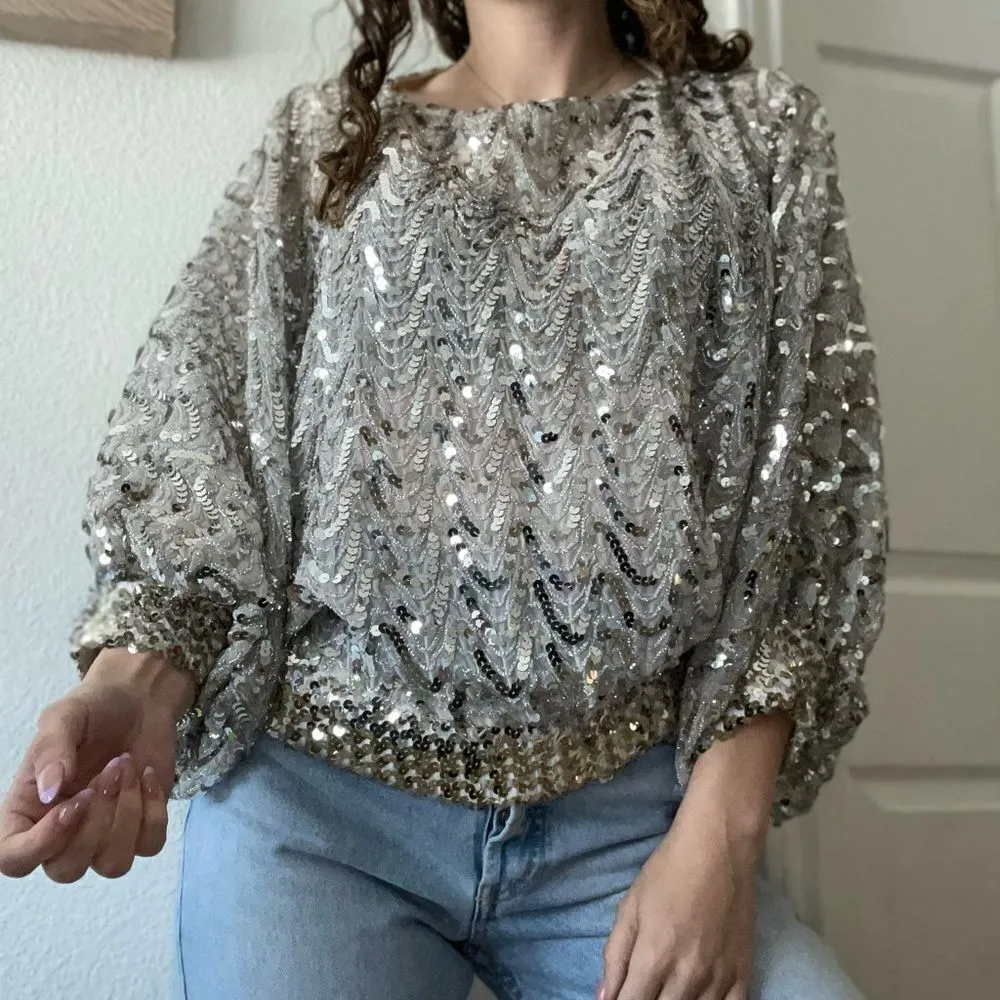Vintage 70s Sequin Beaded‎ Gold Silver Butterfly Sleeve Blouse Top Size Medium - Image 7