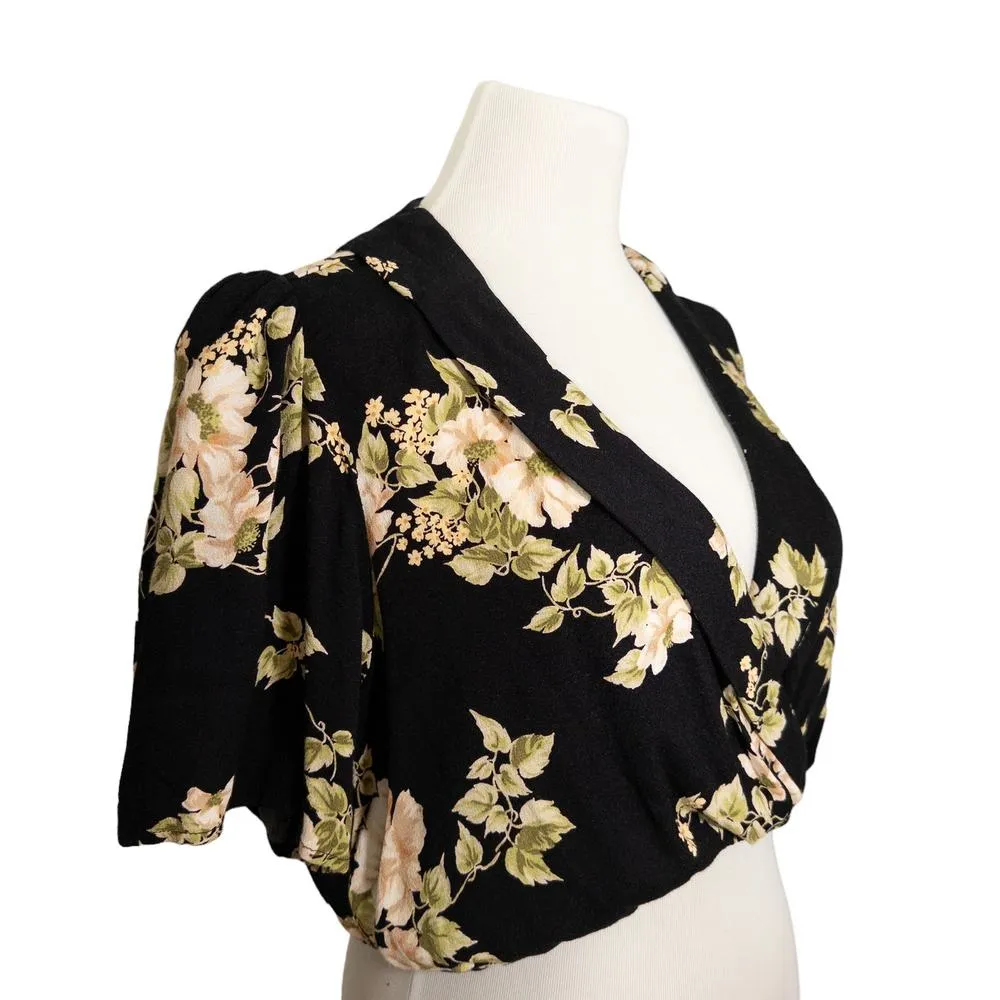 Reformation NEW Florian Short Sleeve Faux Wrap Crop Top Arielle Black Cream 12 - Image 4