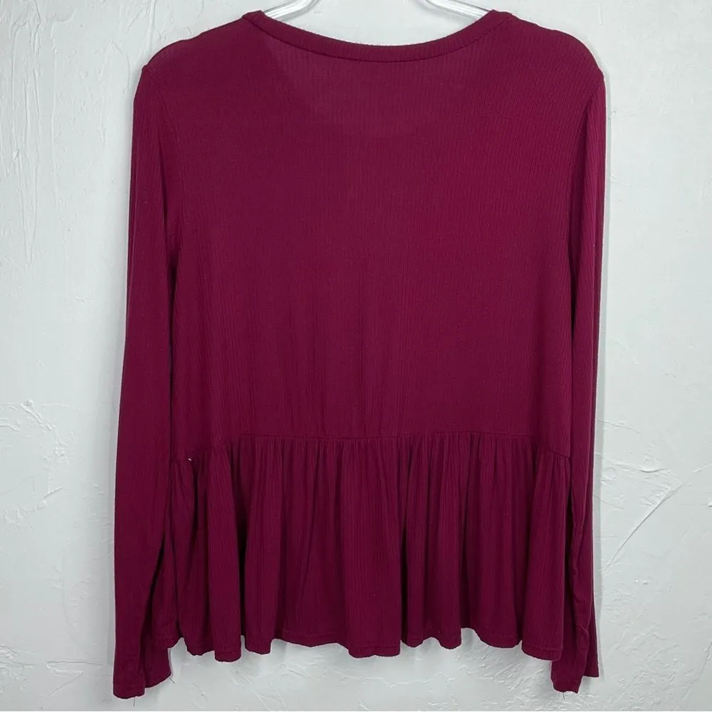 Hooked Up Maroon Ribbed Long Sleeve Peplum Top Large Red - Image 4