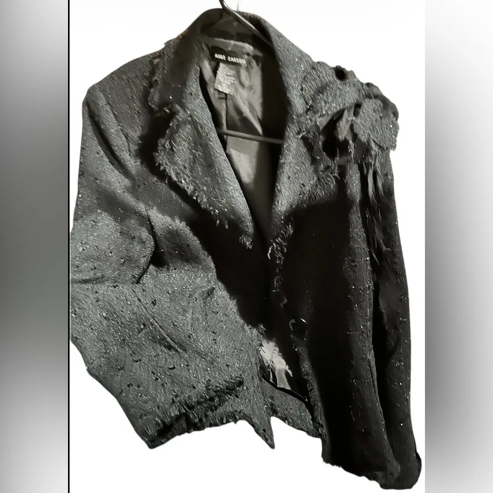 ANNE CARSON Silk Blend
Blazer L Black Plaid Raw Trim Floral Brooch Boho
Witchy - Image 3