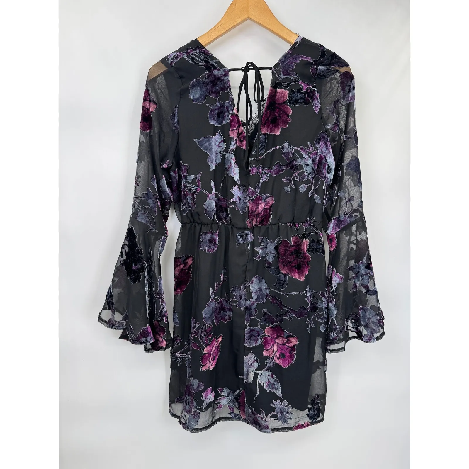 Dee Elly Mini Dress Womens Medium Black Floral Velvet Burnout Fairy Witchy - Image 10