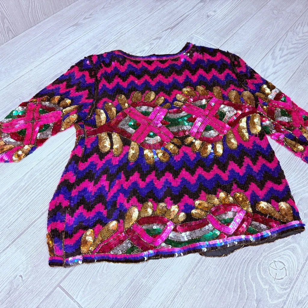 Vintage 1980’s bright Sequin Shimmer Long sleeve Jacket Blazer Cardigan sweater Pink Size M - Image 4