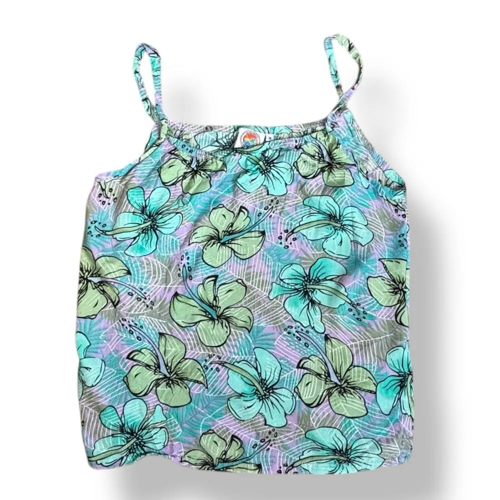 Vintage 90s Maui Beach Hawaii Tank Top Medium Rayon Camisole Purple Green Floral Blue - Image 6