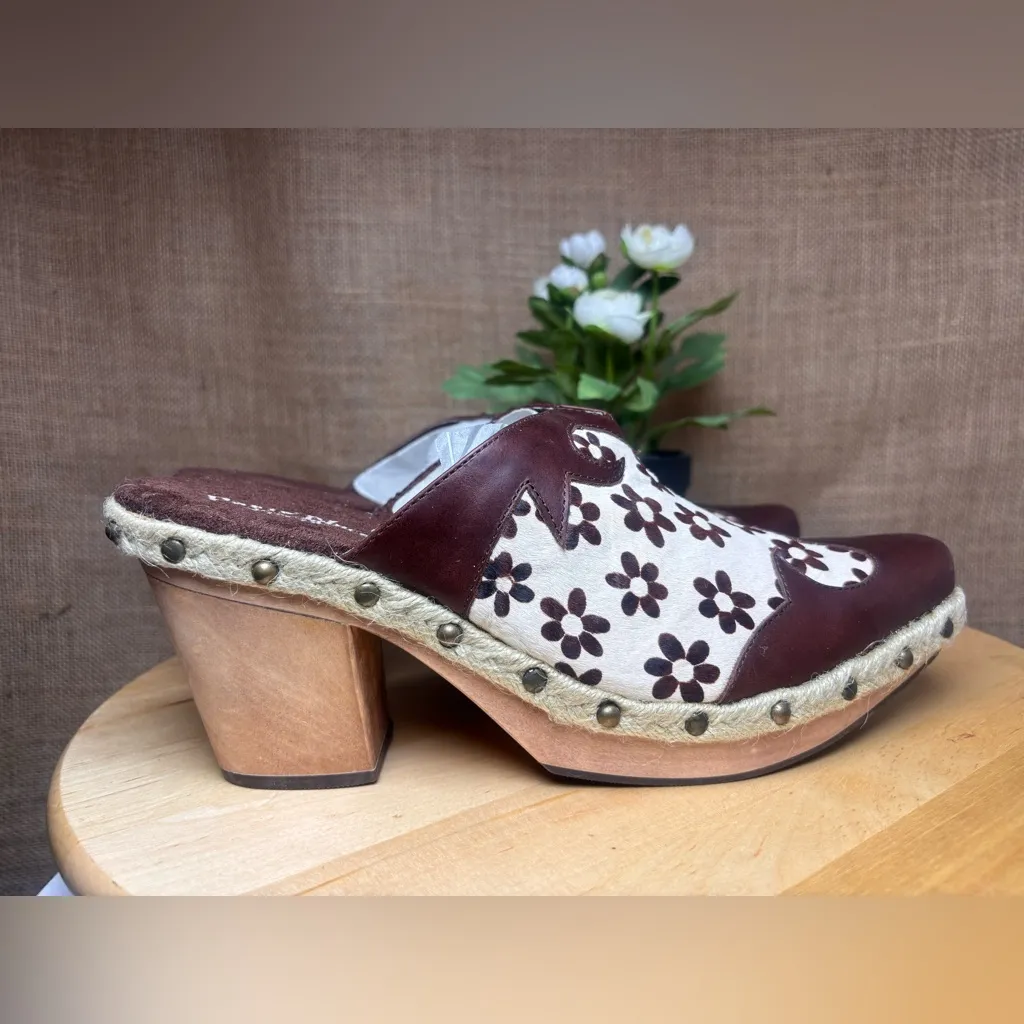 🌼RARE VTG Paris Blues size #9 Brown Floral Women's Clogs daysi print cow 🐄 🌼 - Image 2