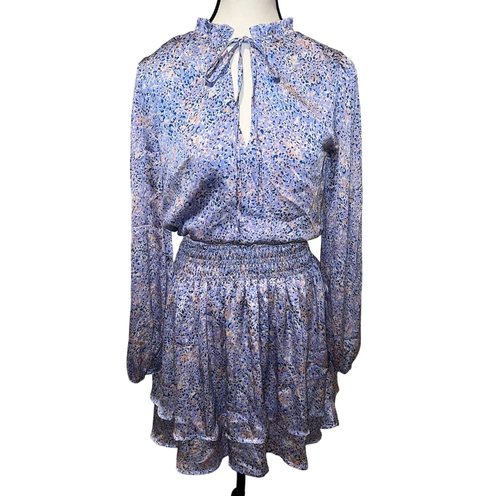 PINCH Tiered Ruffle Skirt Mini Dress Watercolor Pastel Smocked Waist Size S Purple - Image 2