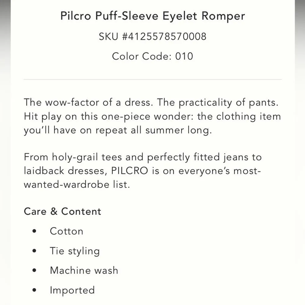 Anthropologie Pilcro Puff Sleeve Eyelet Romper White NEW - Image 7