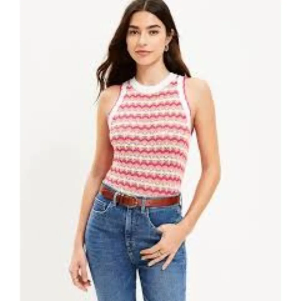 NWT Loft Women's S Pink White‎ Scalloped Halter Sweater Sleeveless Summer 70s - Image 2