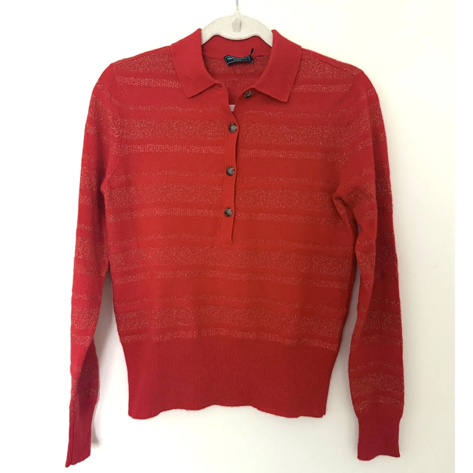 Vineyard Vines 100% Cashmere Red Velvet Shine Stripe Polo Women’s Pullover XXS - Image 2