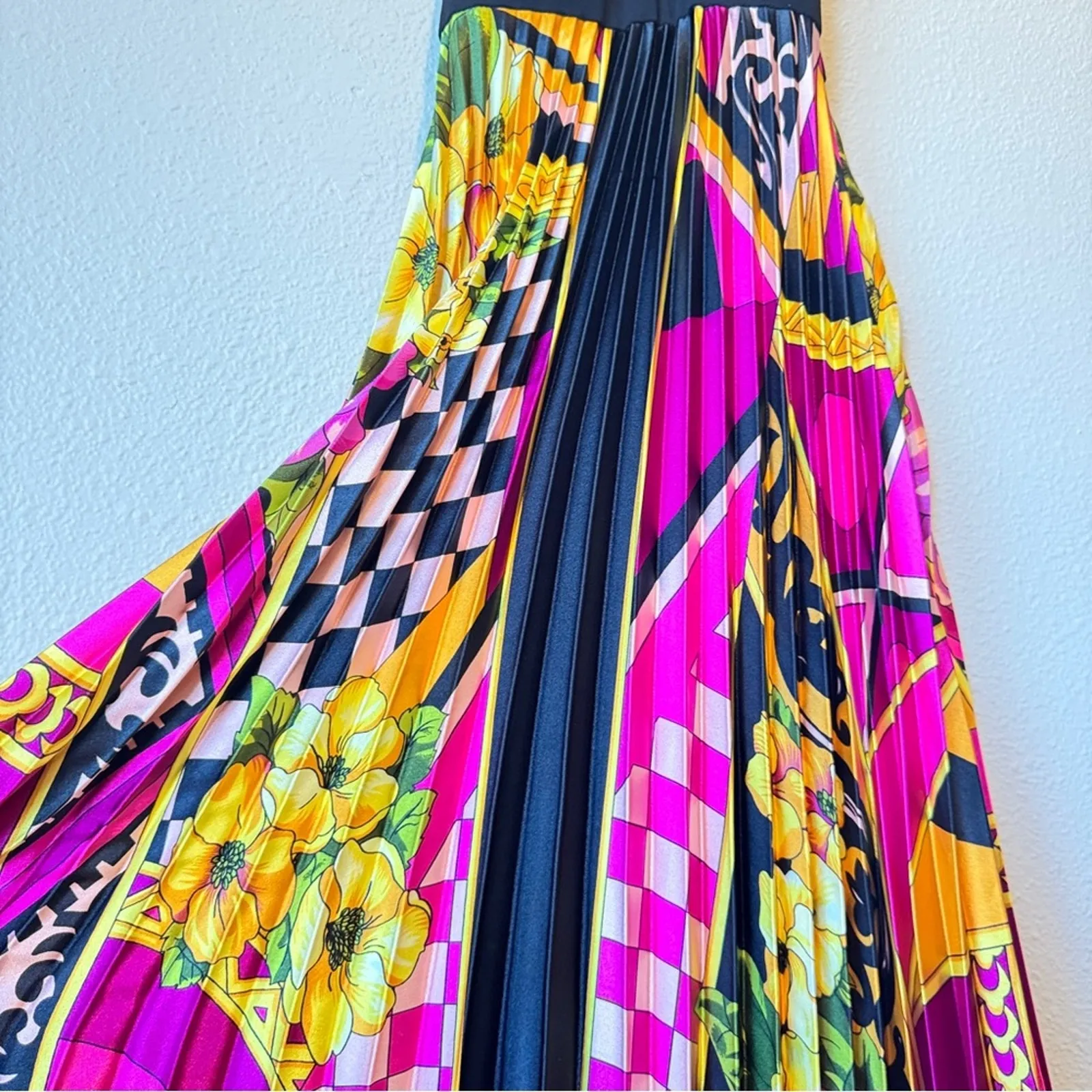 Cache Vintage Y2K Halter Maxi Dress Womens 2 Silk Pleated Mixed Print Rivera - Image 5