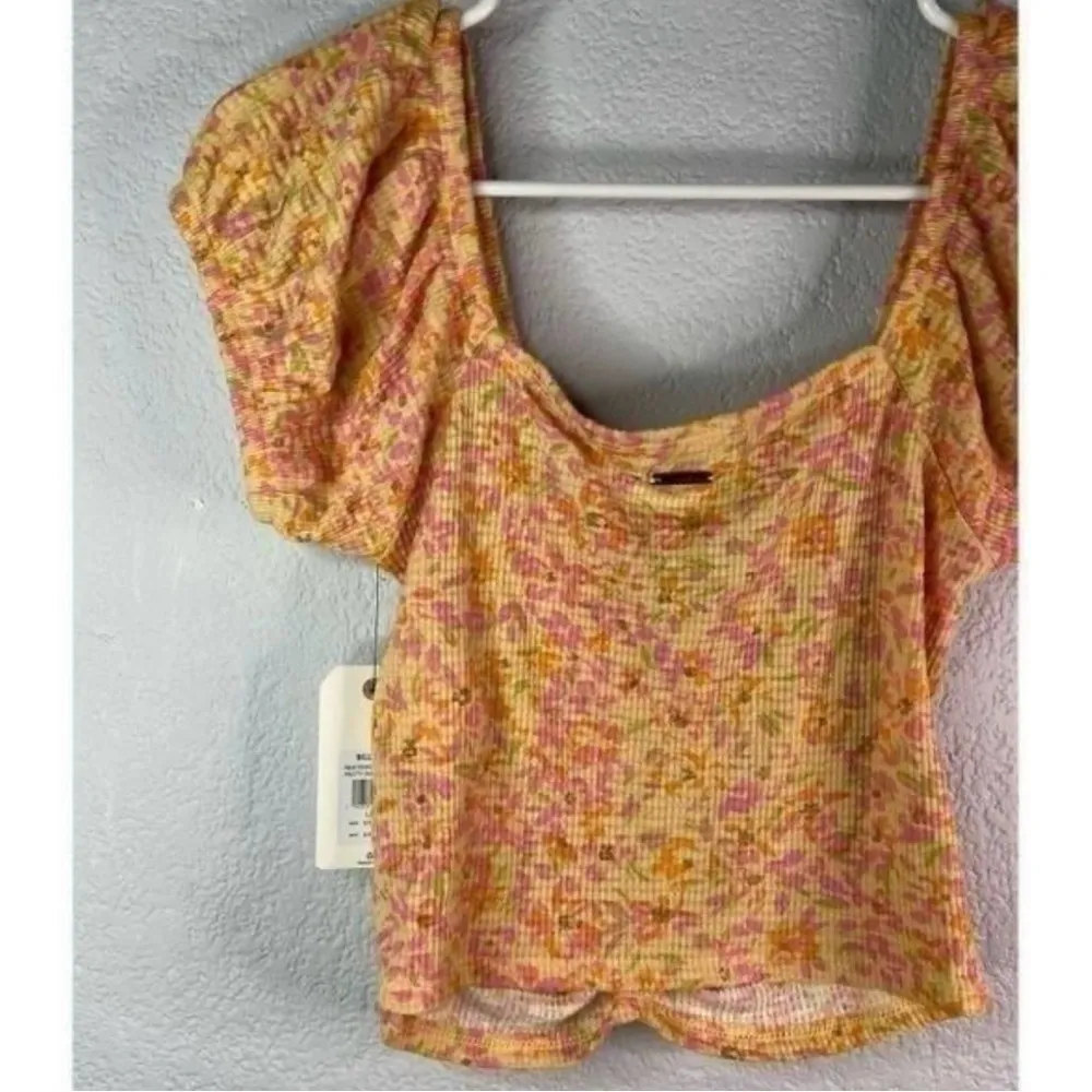 Billabong Peasant Croped Rushed Floral Print Orange Women's Top NWT - Image 7